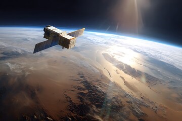 **Aerial Imaging Satellite Over Earth, Capturing Ultra-Sharp Resolution Views Of Deserts And Rivers, Earth Curvature Visible, Glowing From Distant Sun Flare --Ar 3:2 --V 7.0** - @Darya (Relaxed)