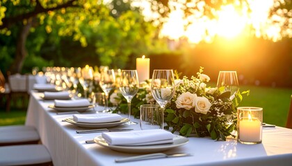 Elegant outdoor dinner table setting at sunset with romantic ambiance, and garden party.