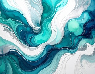 深みのある青、柔らかな緑、銀色の渦巻く抽象的な流体アート