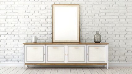 Minimal Console Scene with Vertical Frame on Textured White Brick Wall
