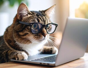 小さなメガネをかけ、ミニチュアの机と小さなラップトップで作業する猫