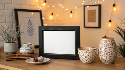 Warm Tabletop with Black Square Frame, Ceramic Decor, and Soft Ambient Light