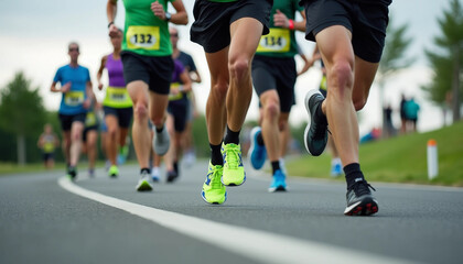 Marathon Runners Close-up: Team Sport & Healthy Energy on Road