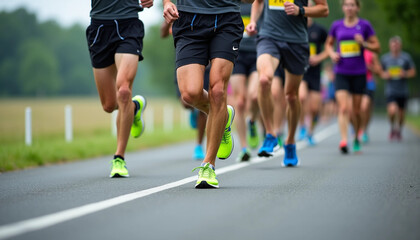 Marathon Runners Close-up: Team Sport & Healthy Energy on Road