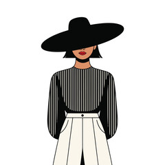 Dark-skinned woman with red lips, black hat, and striped shirt in chic fashion illustration. Vector illustration design.