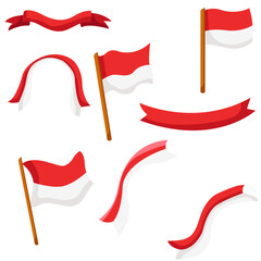 Collection of Indonesian Flag and Red-White Ribbon Elements for Independence Day Celebration Flat Vector Design