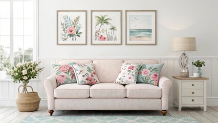 Coastal Living Room with Three-Frame Gallery Above Pastel Sofa and Florals