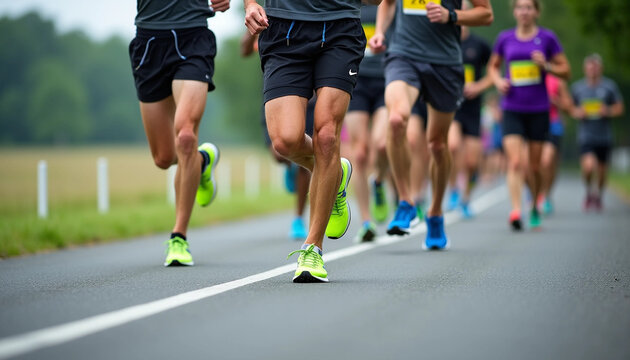 Marathon Runners Close-up: Team Sport & Healthy Energy on Road