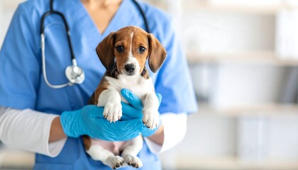 Veterinarian gently cradles a small, adorable puppy