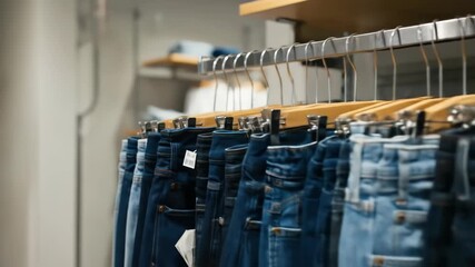 Close-up view of various denim jeans hanging on wooden racks in a clothing store