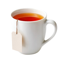 White Ceramic Cup with Hot Tea and Tea Bag isolated on transparent white background, clipping path