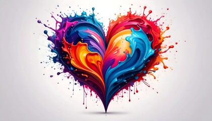 Vibrant, multicolored paint splashes forming a heart shape, dripping down