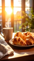 Warm morning light illuminates a table setting with croissants and a steaming mug
