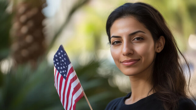Young Woman Holding a Small American Flag Outdoors - Powered by Adobe