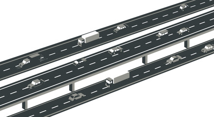Isometric Highway with Cars and Trucks Gray Tones Transportation Illustration.