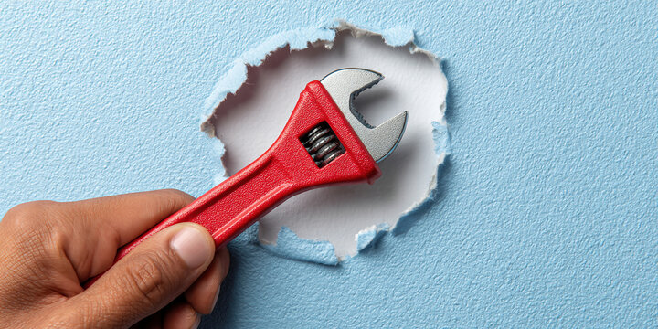 Hand with wrench emerging through wall.