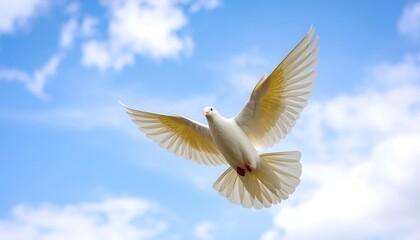 White dove in flight against a bright blue sky with fluffy clouds (1)