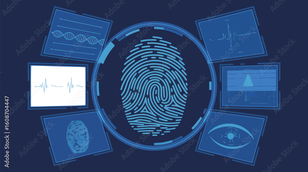 Poster digital fingerprint analysis: an abstract illustration of a digital fingerprint surrounded by analyt