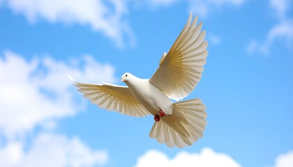 White dove in flight against a bright blue sky with fluffy clouds (2)