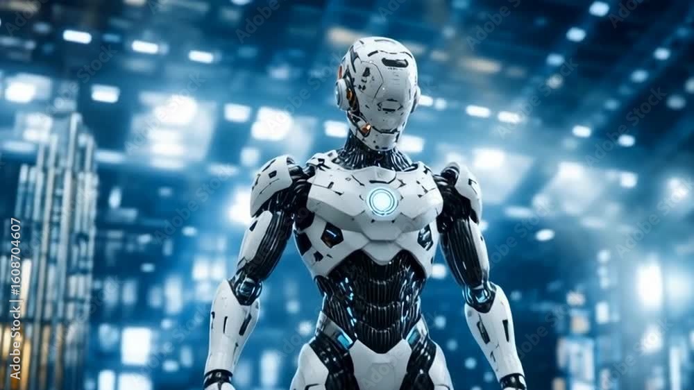 Poster the image features a futuristic robotic hand reaching out with a finger pointed, set against a blurr