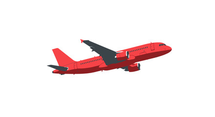 Red Passenger Airplane Ascending with Dark Gray Wings and Tail Fins.