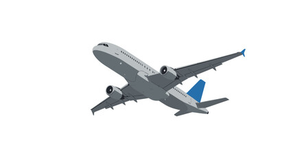 Obraz premium Gray Passenger Airplane Ascending with Blue Tail Fins and Winglets.