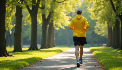 Obraz premium Spring Park Jogger: Health & Vitality on a Tree-Lined Path
