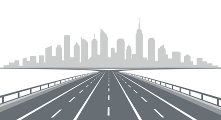 Gray Cityscape Silhouette with Highway Leading to Urban Destination.