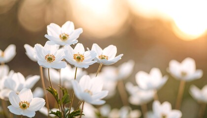White flowers bask in warm sunset light; shallow depth of field blurs background