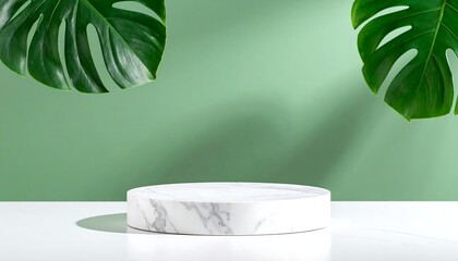 White marble podium on white surface, framed by green leaves against a muted green backdrop