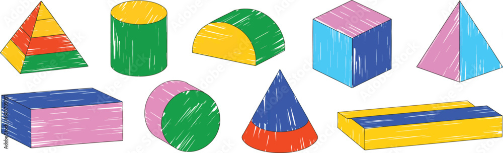 Poster geometric shapes: a vibrant array of geometric shapes in a flat design, perfect for illustrating con