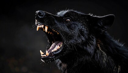 Fierce Black Dog Snarling Aggression Display with Threatening Teeth, and Dark Background.