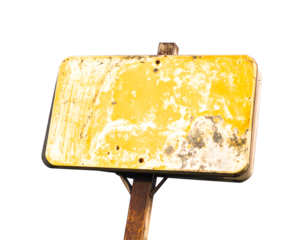 Old weathered yellow signpost isolated on transparent background