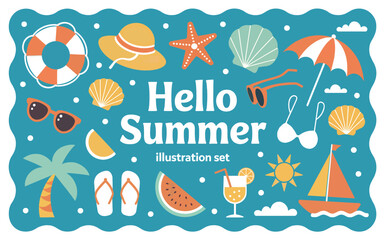 Naklejka premium Hello Summer: Colorful Illustration Set of Summer Elements. Embrace the sunshine and good vibes with this delightful illustration, showcasing a collection of icons that scream summer bliss. 