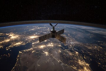 **Cinematic Night-Time View Of Earth From Low Orbit, Featuring A Reflective Satellite Hovering In A Position Above The Middle East. The Satellite Is Shown With Accurate Textures And Mechanical Precisi