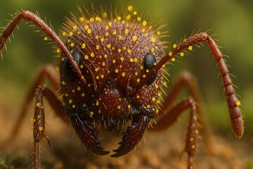 Fototapeta premium Close-up of an Ant with Yellow Pollen on Head and Antennae