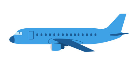 Blue Airplane Illustration with Rounded Windows and Darker Blue Wings.