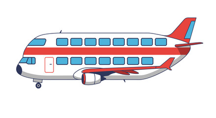 Fototapeta premium Cartoon Double-Decker Airplane with Red Stripes and Blue Windows Illustration.