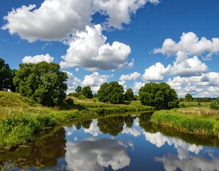Tranquil river reflecting a summer sky