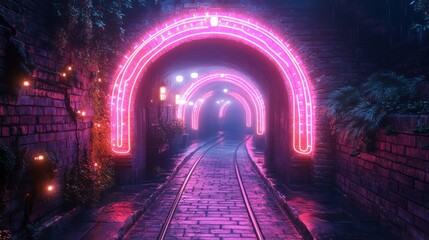 Fototapeta premium A misty tunnel illuminated by vibrant pink neon lights, creating a surreal atmosphere.