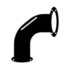 Stylized industrial pipe elbow, black and white design, with connection flanges