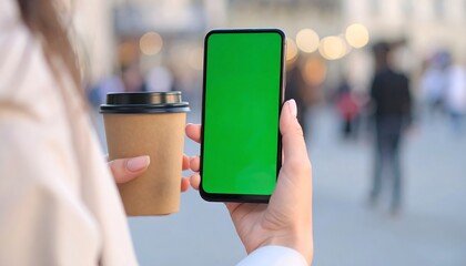 Woman holds coffee and phone with green screen outdoors (2)