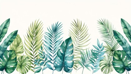 Tropical vintage botanical green plants, palm leaves seamless border, Jungle wallpaper