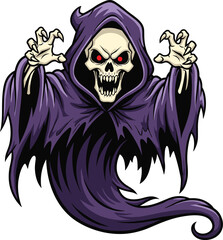 CAD Drawing Flat Vector Illustration, Grim Reaper with Hooded Cloak, Skeleton Holding Scythe, Dark Halloween Horror Character, Spooky Death Figure Artwork