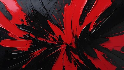 Dynamic burst of vibrant red and glossy black paint in an abstract expressionist style, creating a powerful and energetic textured background.