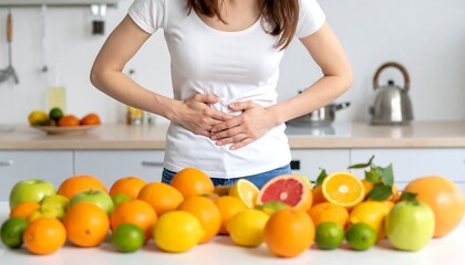 Woman in a kitchen experiencing stomach pain, surrounded by various fruits