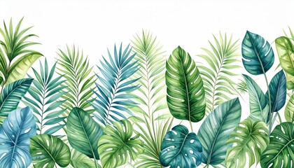 Tropical vintage botanical green plants, palm leaves seamless border, Jungle wallpaper