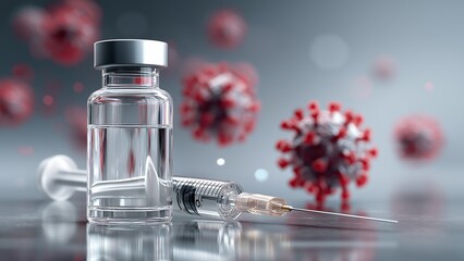 Red vaccine fluid in glass vial and syringe against blurry virus-themed backdrop