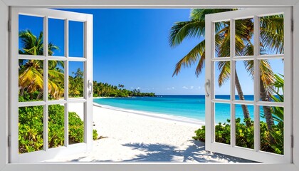 Tropical beach vista through a window