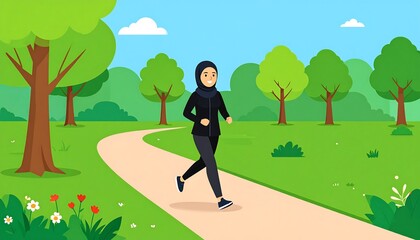 Woman in hijab jogging on a park trail